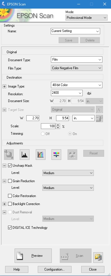 Epson Scan Color Film Settings